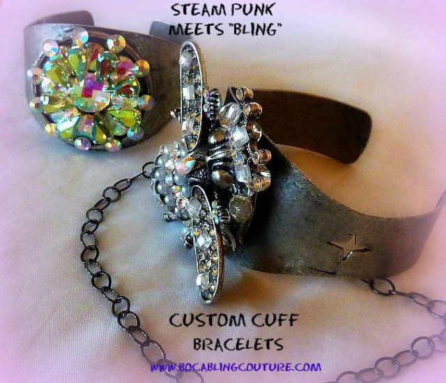 CUSTOM STEAM PUNK CUFF BRACELET SWAROVSKI EMBELLISHED